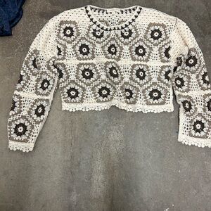 Rebellion Cream and Brown Crochet Blouse cropped